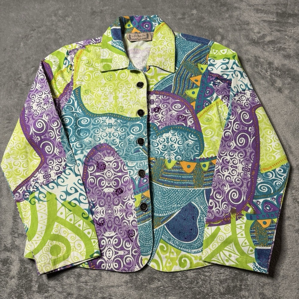 Vintage Life Style Denim Jacket Size Medium Appliqués Artwork Multicolor‎